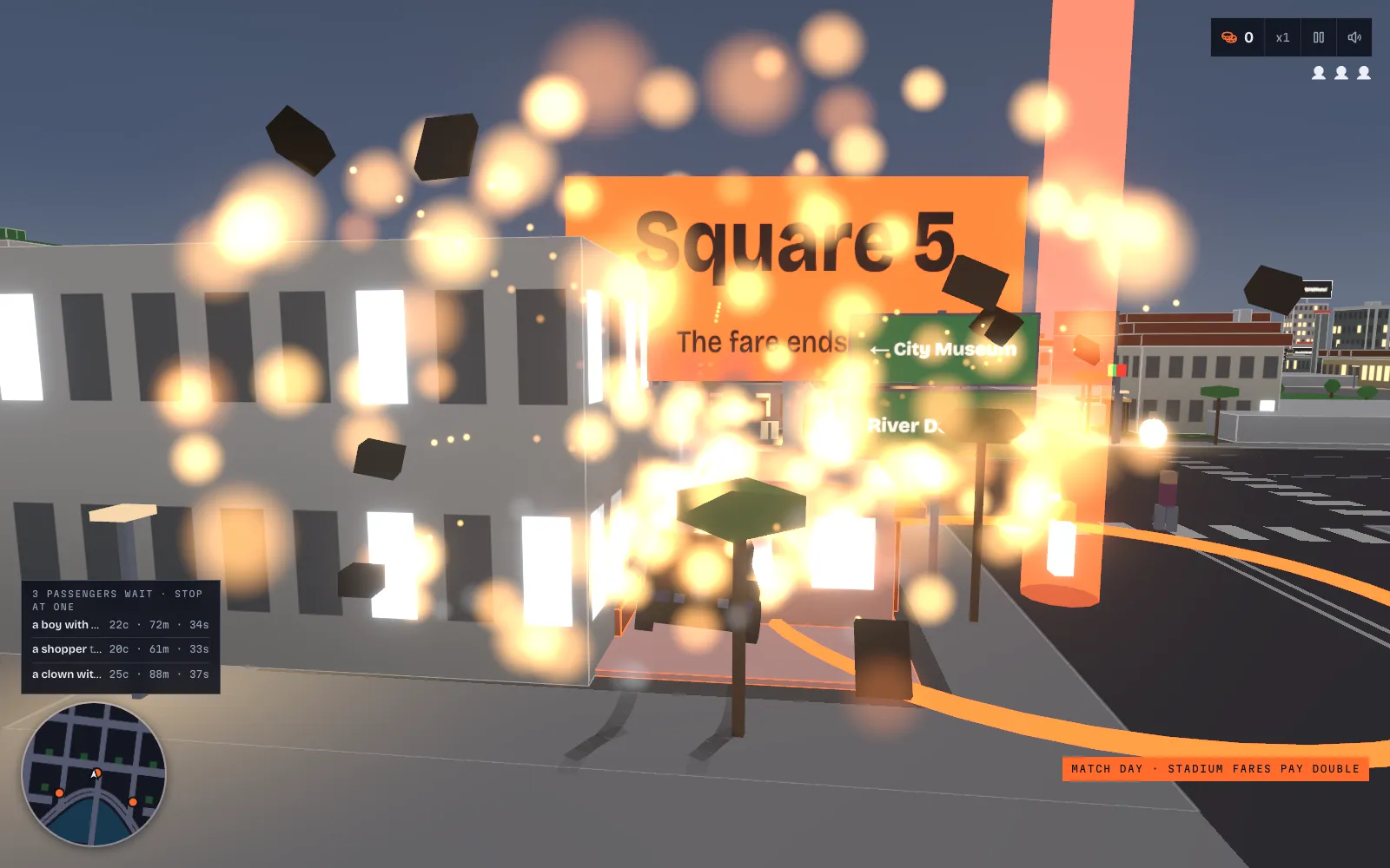 The taxi blowing up against a two-storey building: a fireball of orange sparks and flying debris in front of an orange "Square 5" sign and a green City Museum road sign.