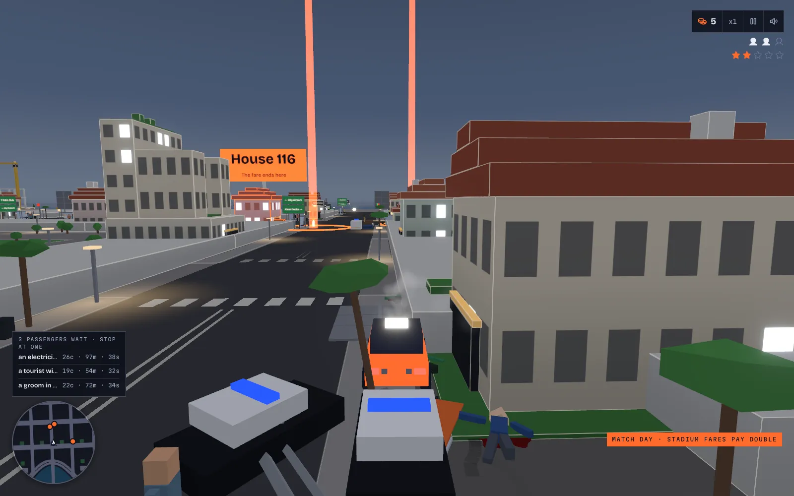 The damaged taxi pinned against a building by two black-and-white police cars, two wanted stars in the top right corner.