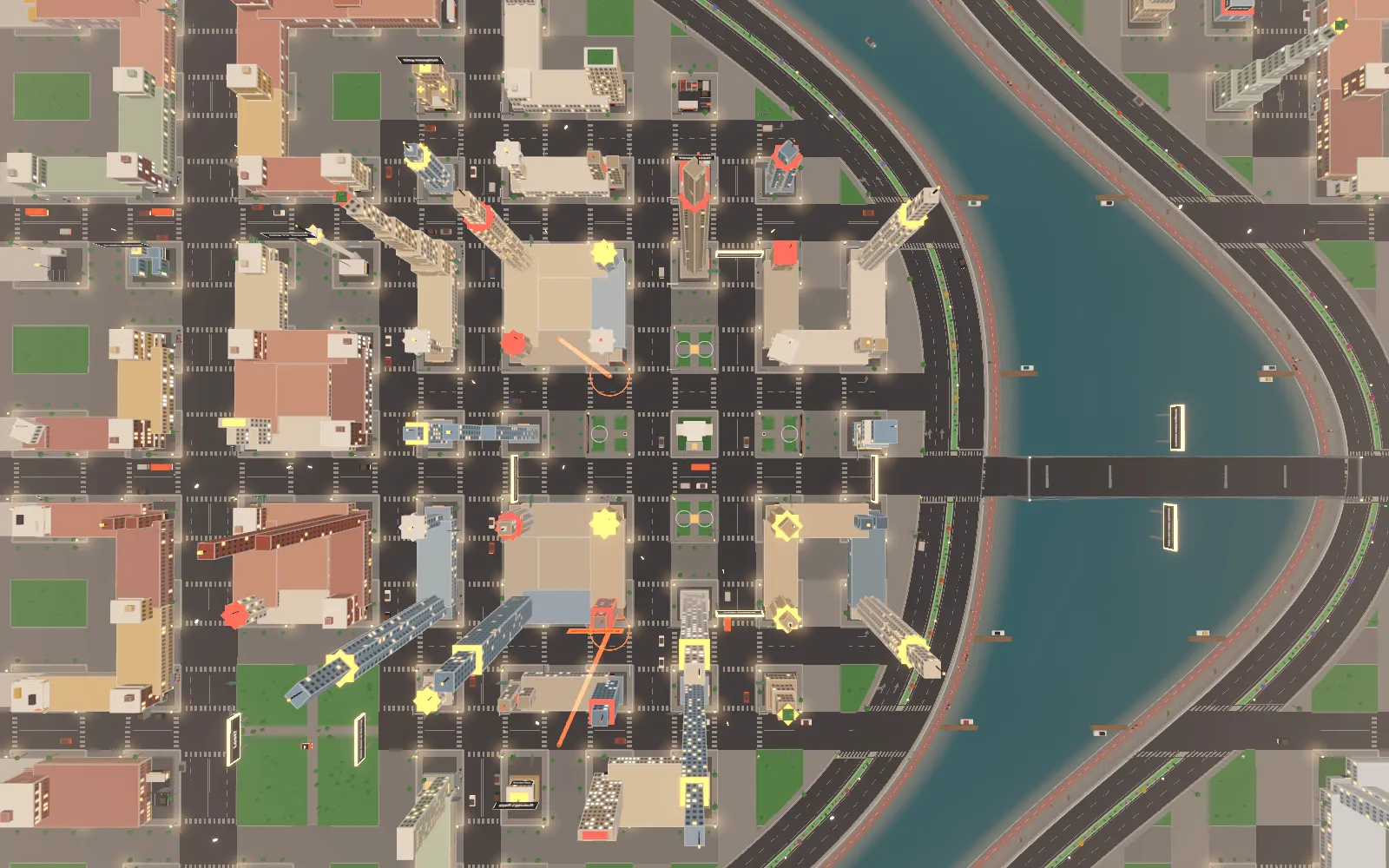 Downtown Startup City from straight above: a grid of blocks with courtyards, towers casting shadows, the river curving round the east side with a boulevard on each bank, and a cable bridge crossing it.