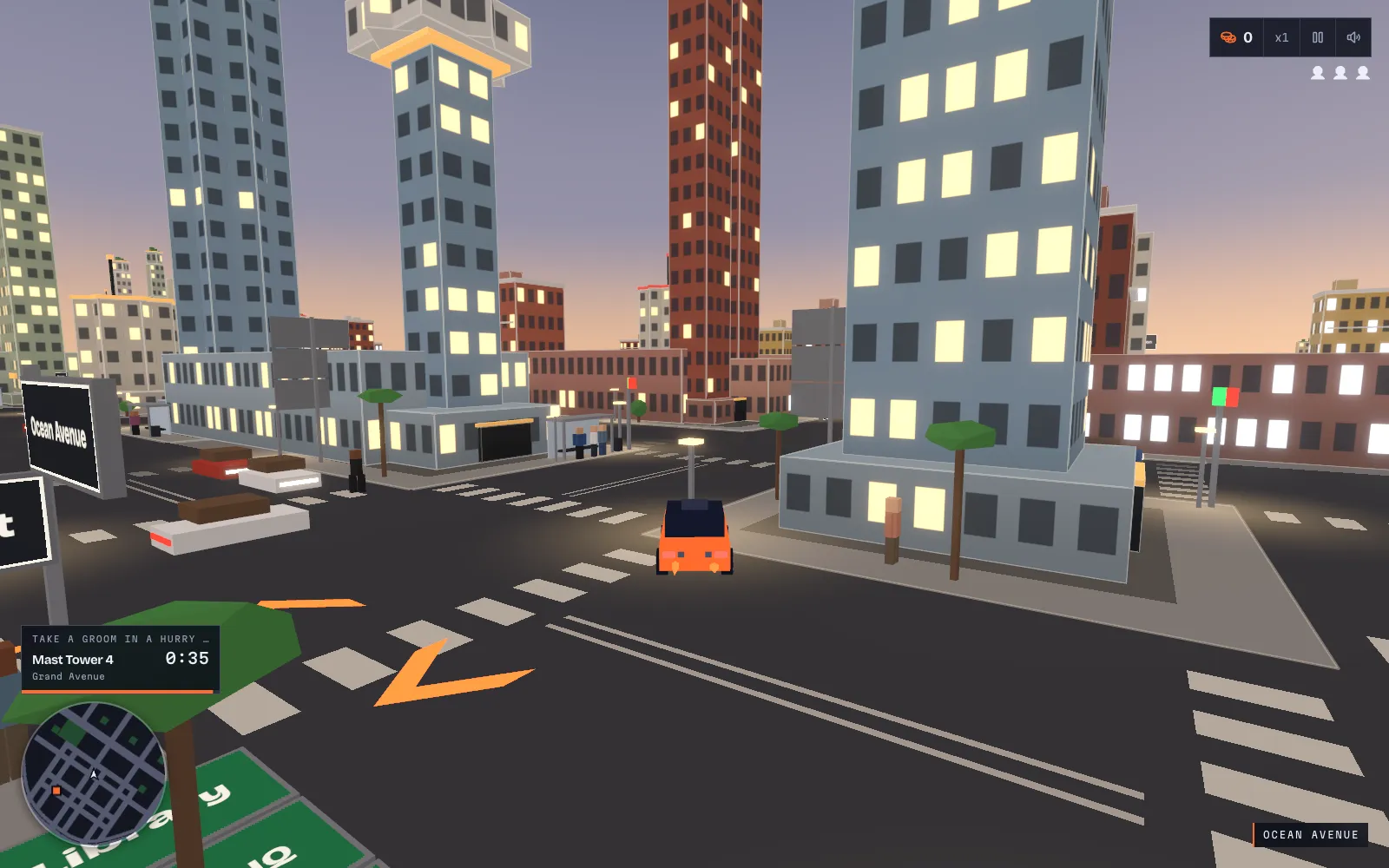 The taxi with a passenger aboard, orange route arrows painted on the road ahead, a bus stop with two people waiting, and the fare panel reading "Take a groom in a hurry", Mast Tower 4, 0:25.