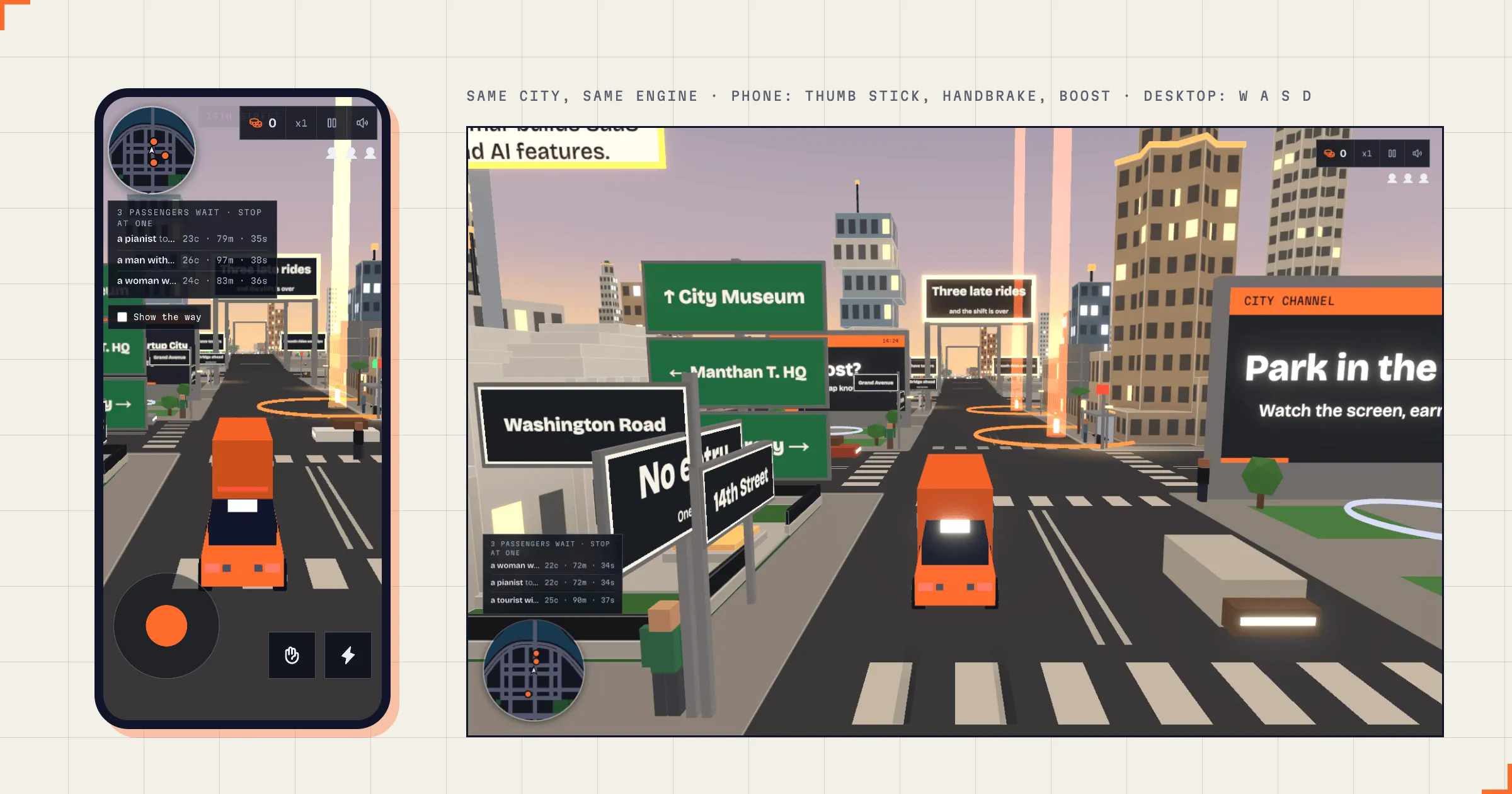 The game on a phone and on a desktop side by side: on the phone the round mini-map is at the top, the passenger list below it, a thumb stick bottom left and handbrake and boost buttons bottom right; on the desktop the taxi drives down 14th Street past green direction boards.