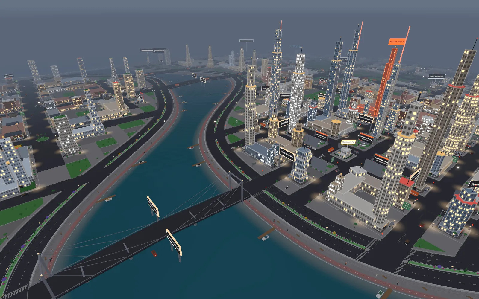 Startup City at night: the river with its cable bridge in the foreground, towers lit along both banks, orange beams marking the passengers and the address.