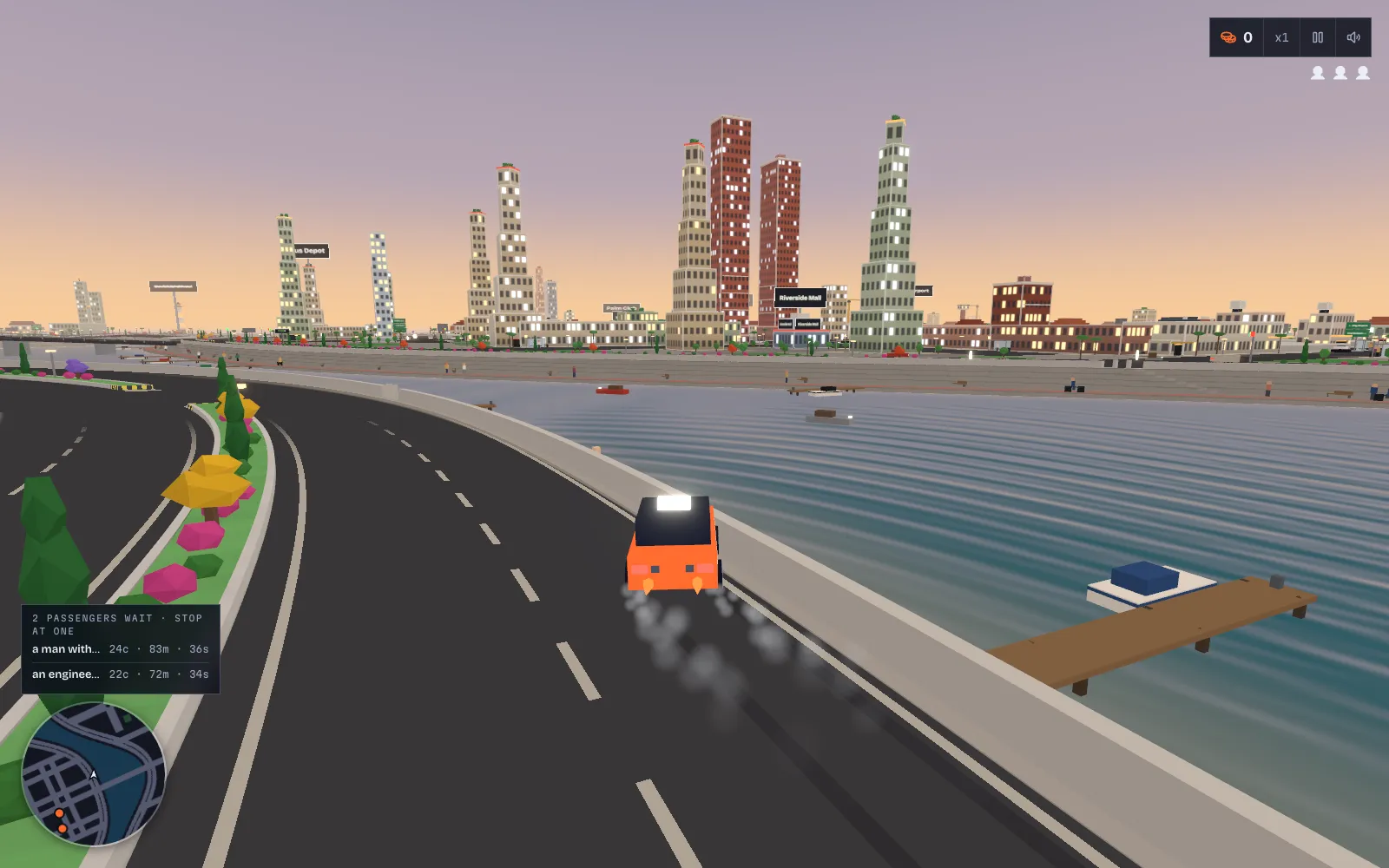 The taxi on the river boulevard at sunset, the downtown towers across the water, boats on the river and a wooden jetty on the right.